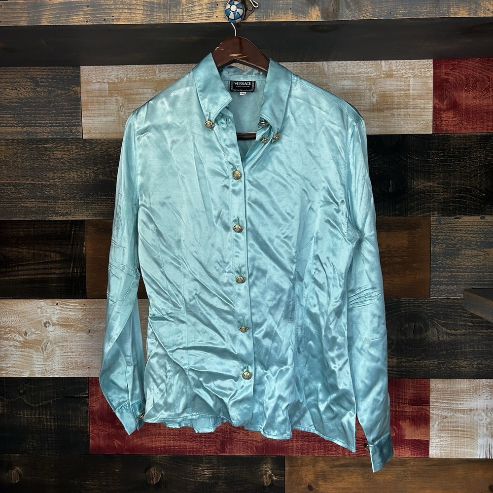 Vintage Versace Jeans Couture Viscose Satin Blouse Blue Gold Madusa Medium 90s